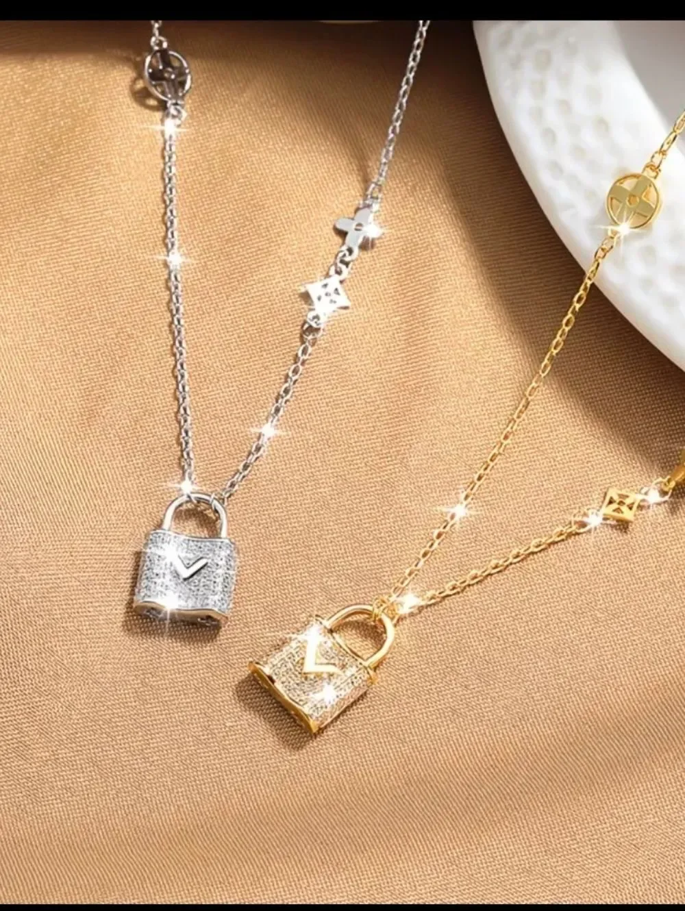 Silver Diamond V Lock Pendant Necklace